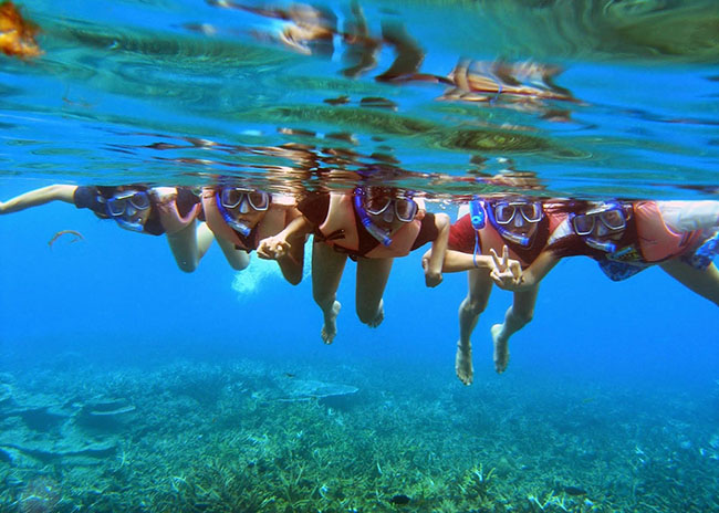 Sarah and her friends holding hands and snorkeling in the blue waters of a coral reef.